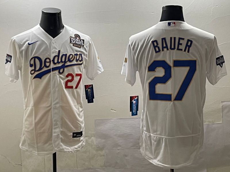 Men Los Angeles Dodgers #27 Bauer White Gold Elite 2025 Nike MLB Jersey style 9